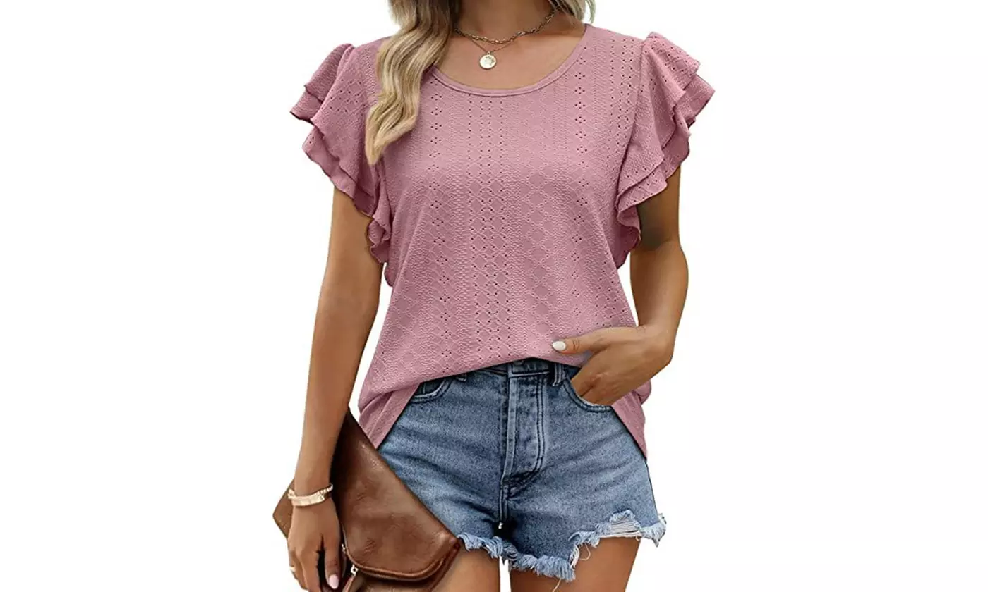 Women Ruffle Short Sleeve Dressy Tunic Tops Casual Loose Crew Neck Tees Shirts