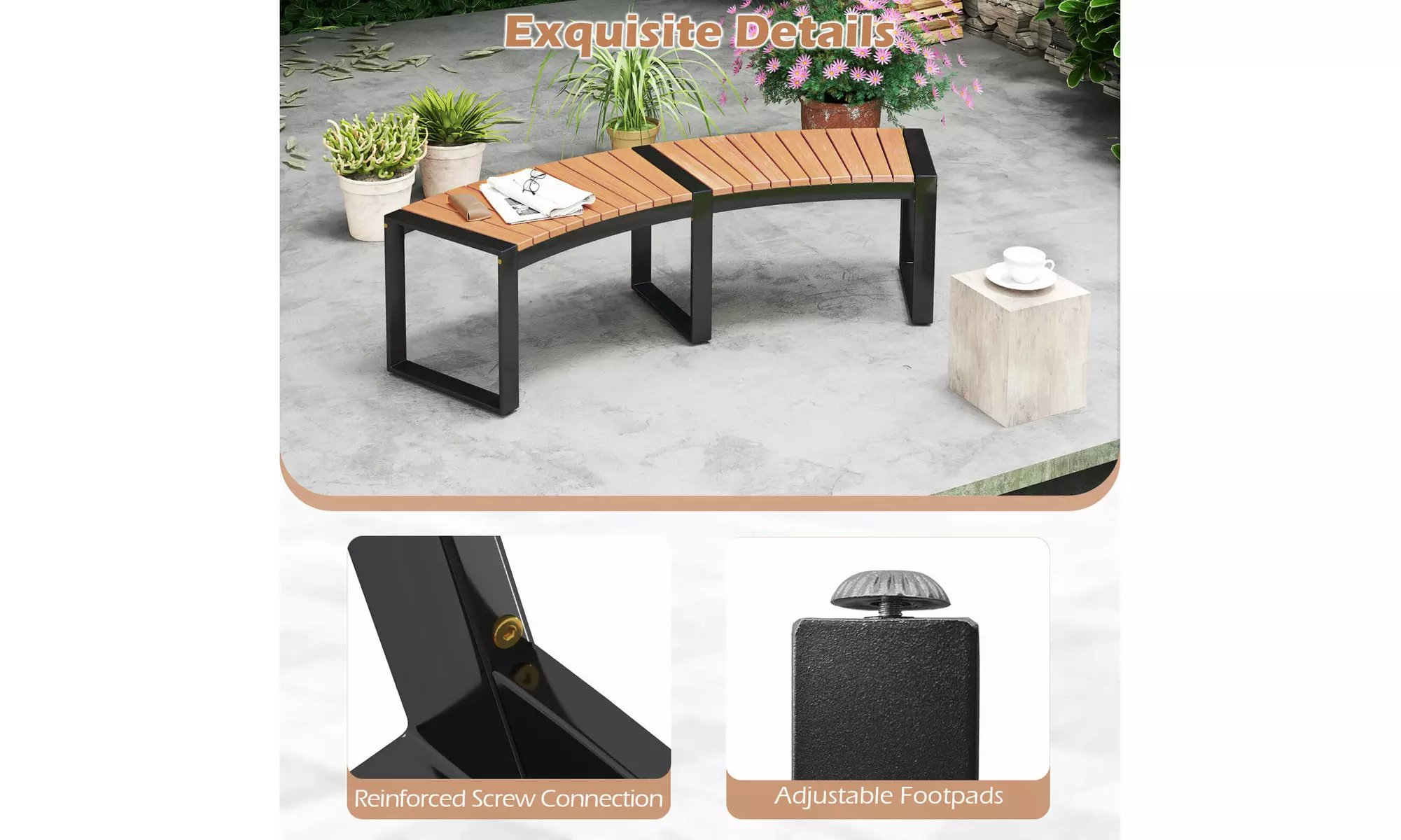 Costway Backless 2-Person Patio Curved Bench with Slatted Seat and Metal Legs