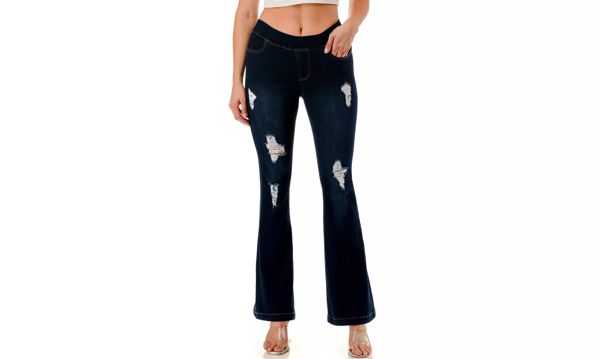 Women's High Waisted Flare Leg Jeans Pull-on Stretchy Denim Jeggings S-3XL