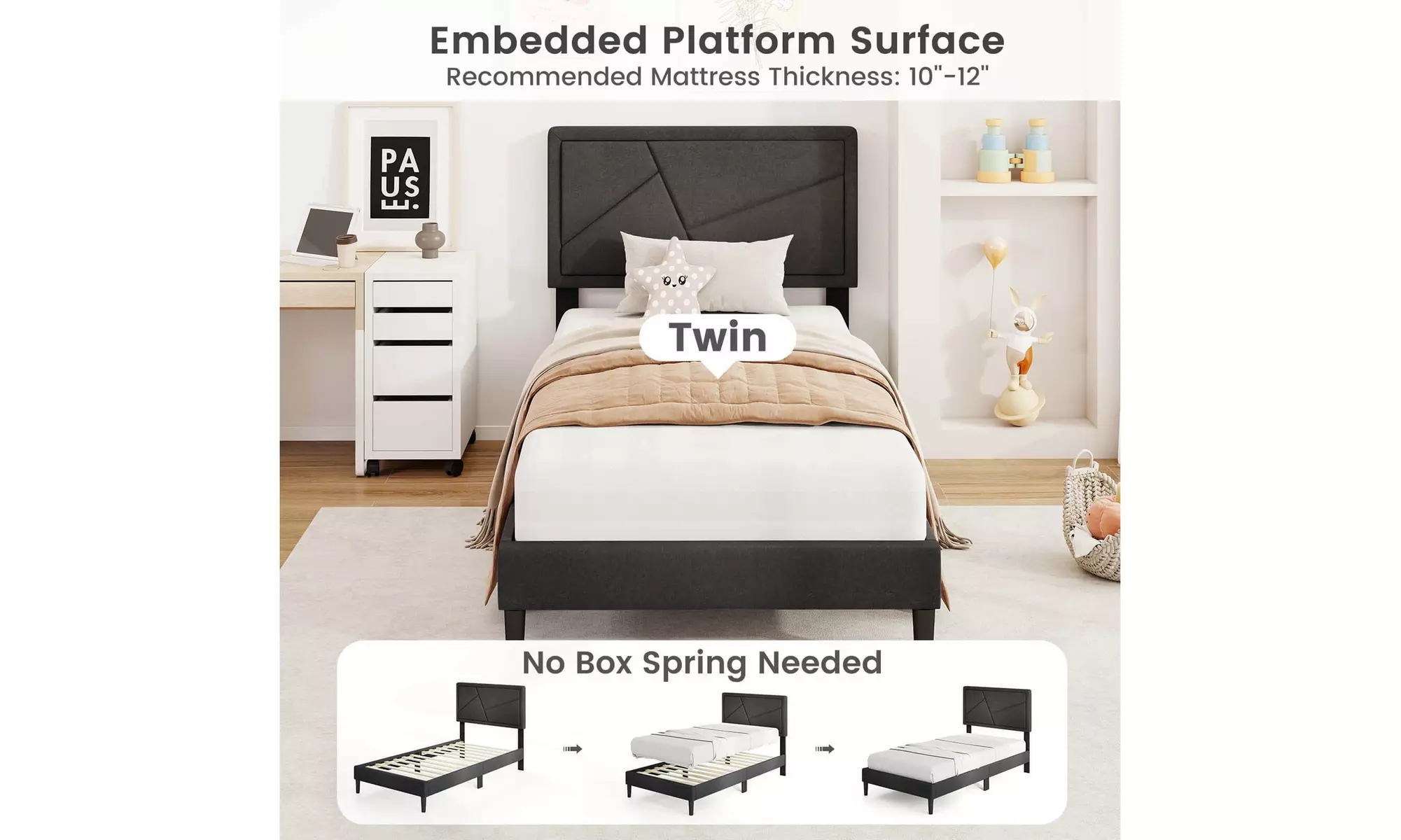 Costway Bed Frame with High Headboard and Wooden Slats