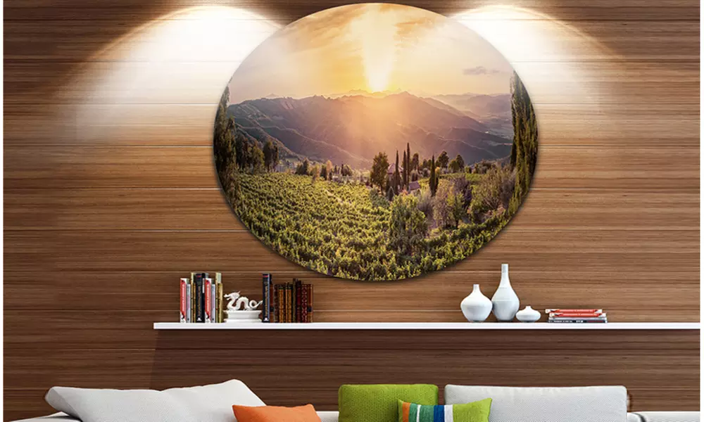 Vine Farm at Sunset Tuscany Panorama' Landscape Metal Circle Wall Art - Primary Image