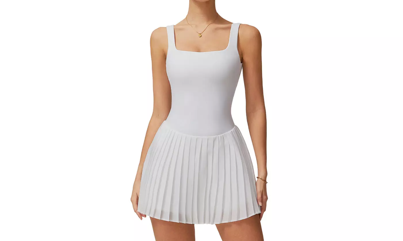 Women Workout Sleeveless Tennis Dress with Pockets Shorts Athletic Mini Dresses