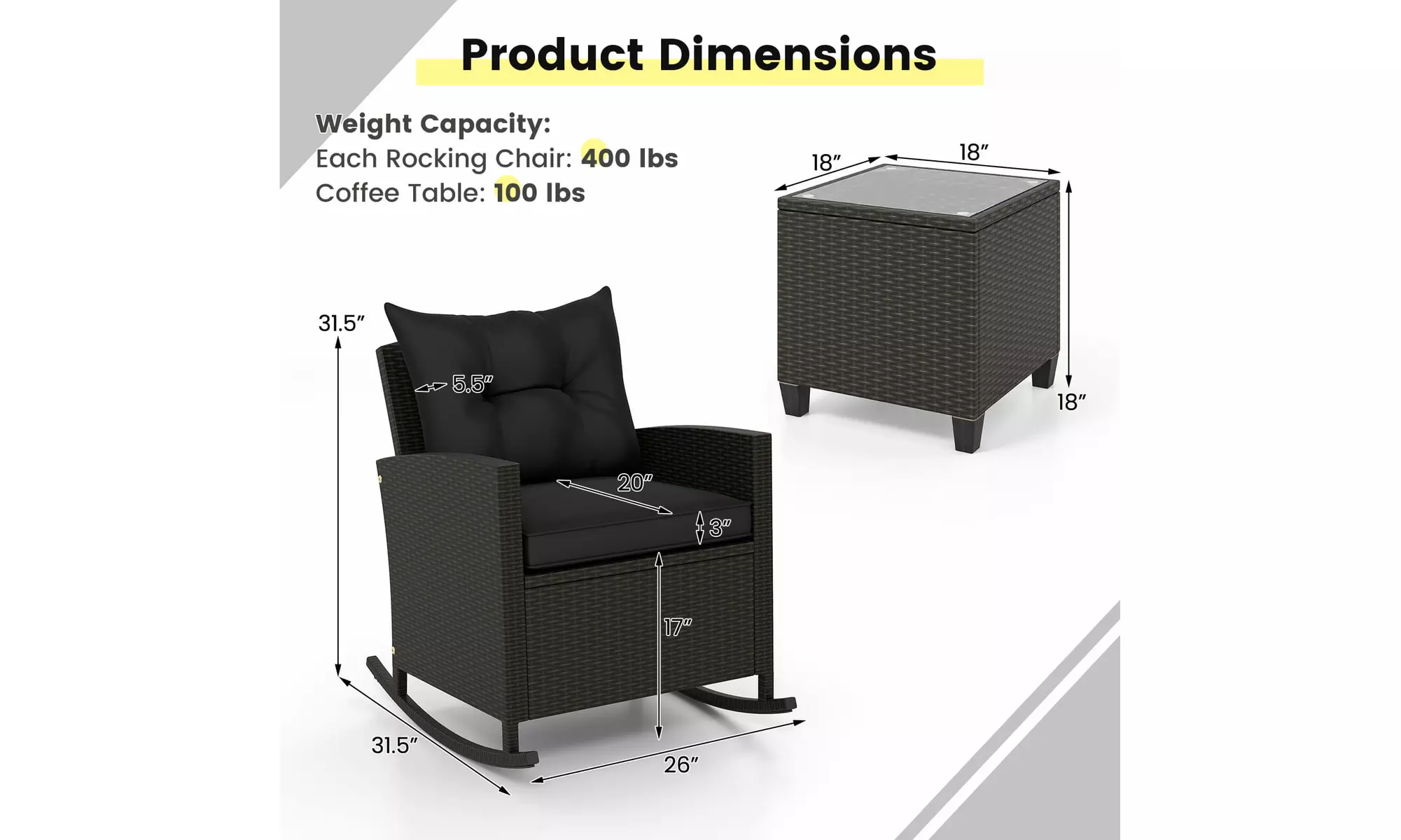 Costway 3 PCS Patio Wicker Rocking Set with Tempered Glass Table & Soft Cushions