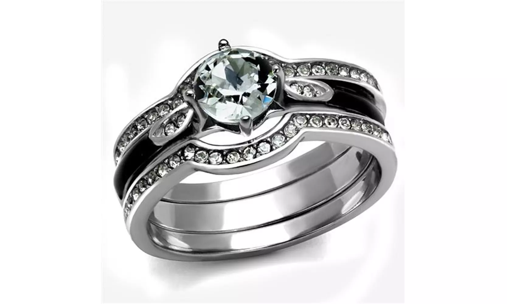 Womens 1.1ct Round Cut Cubic Zirconia and Stainless Steel Wedding Ring Set