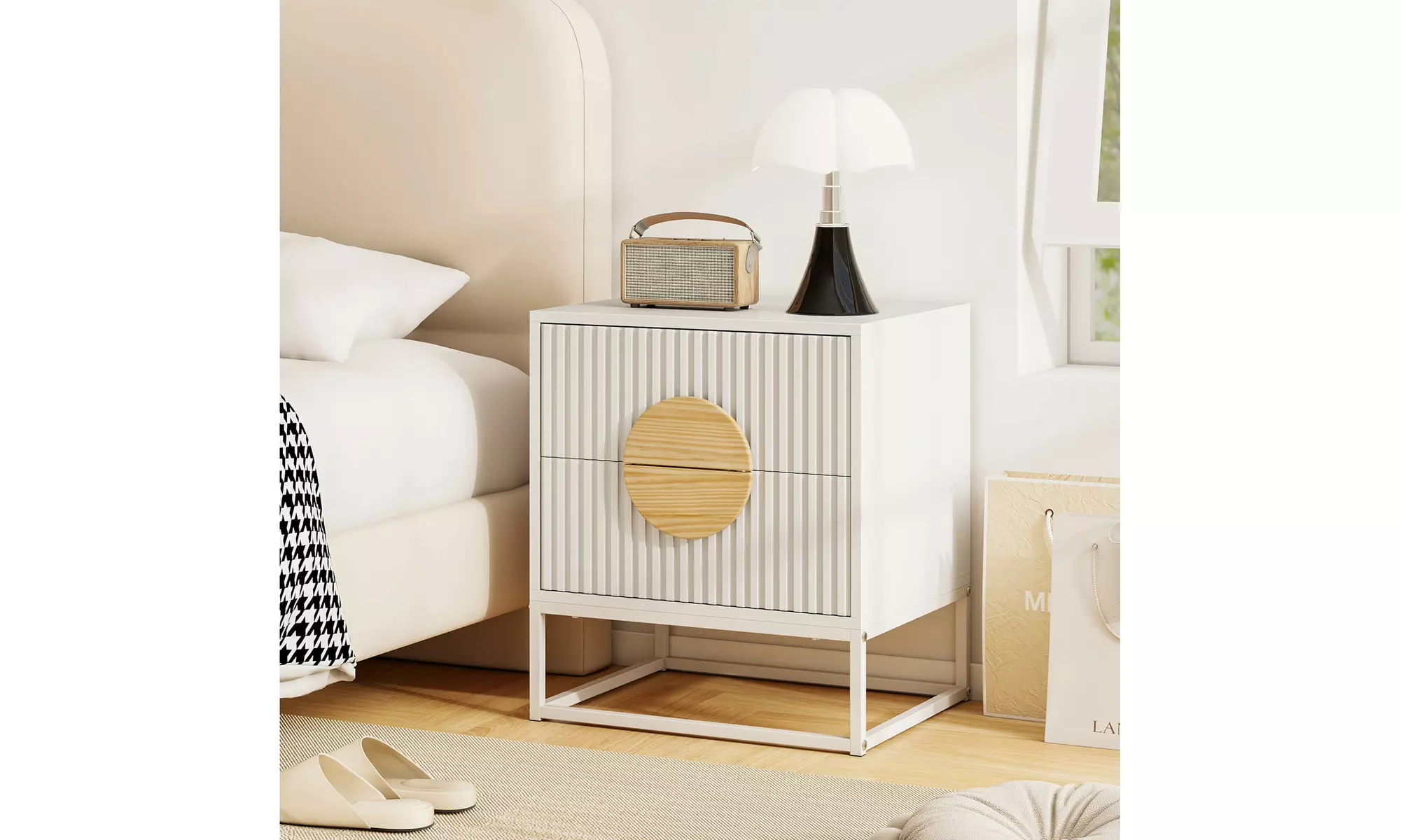 Costway Fluted Nightstand with 2 Drawers with Pine Wood Handles & Metal Frame