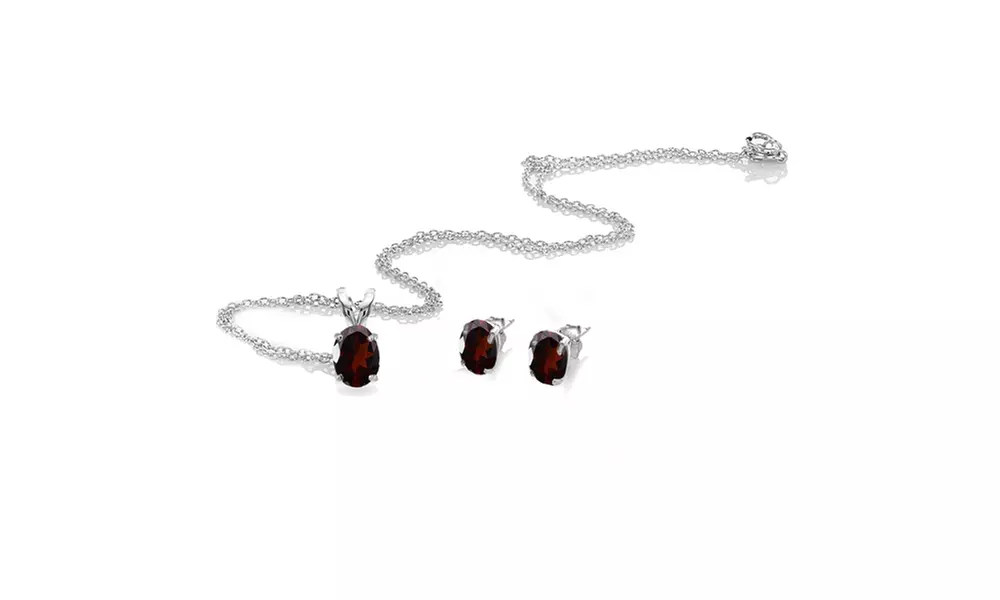 Sterling Silver Garnet Oval-cut Solitaire Necklace and Stud Earrings Set