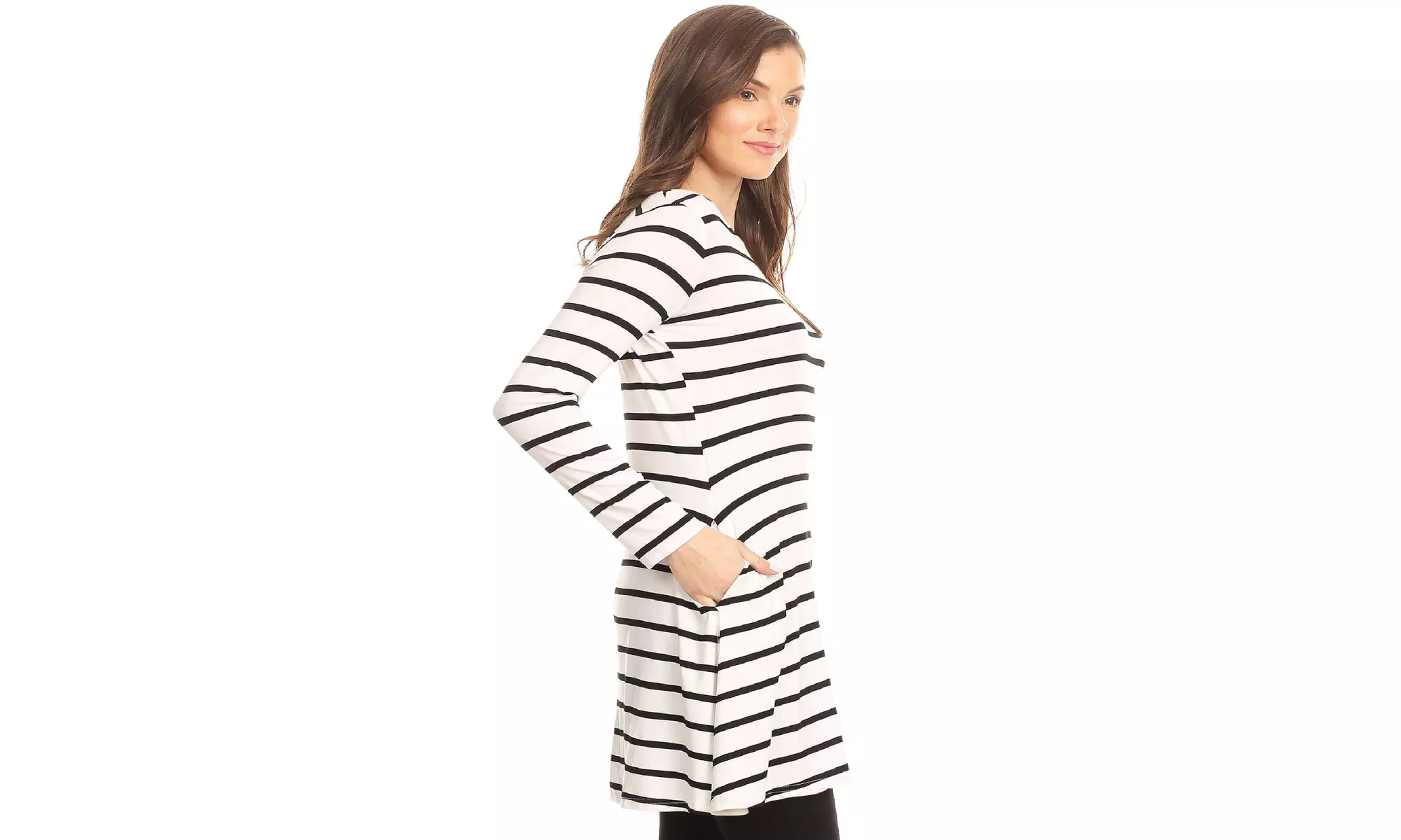 Striped A-Line Pockets Long Sleeves Relaxed Fit Dress Tee Top