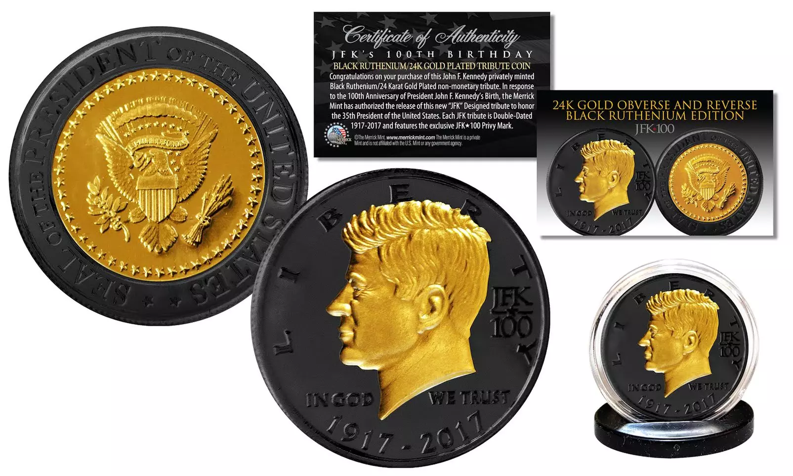 Merrick Mint John F Kennedy 100th Birthday 24K Gold Plated Official Tribute Coin - Primary Image