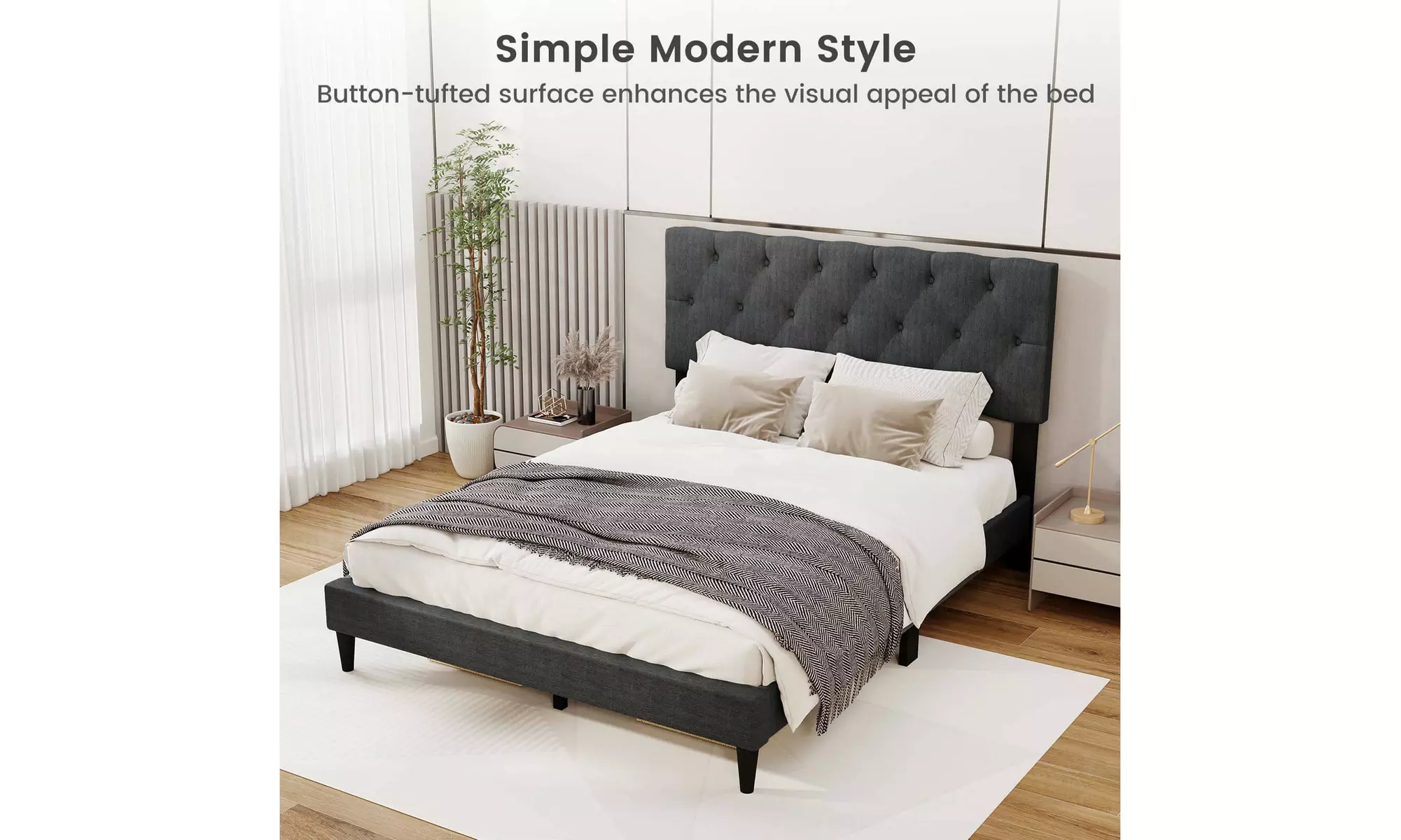Costway Bed Frame with High Headboard and Wooden Slats