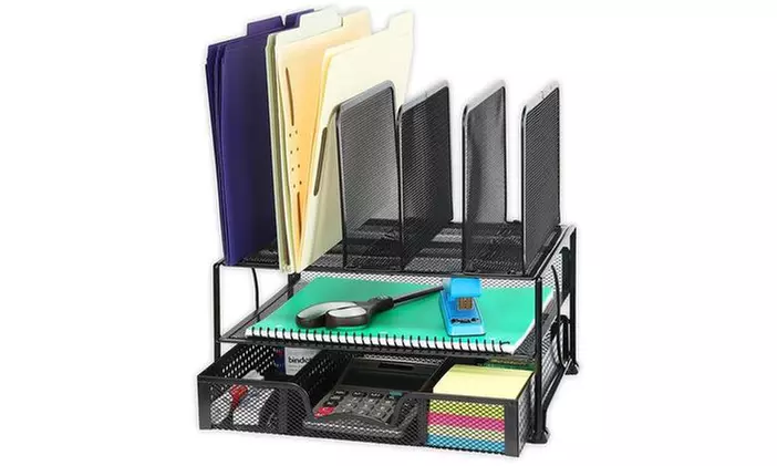 Mesh Desk Organizer with Sliding Drawer Double Tray and 5 Upright Sections Black - Primary Image