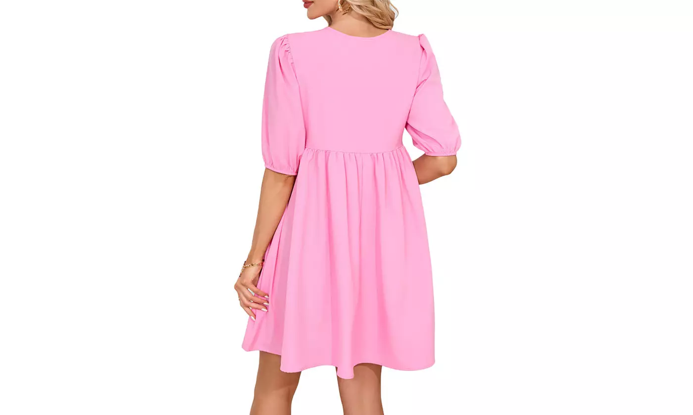Bow-Front Maternity Dress Puff Sleeves Flowy A-Line Skirt Baby Shower Dress