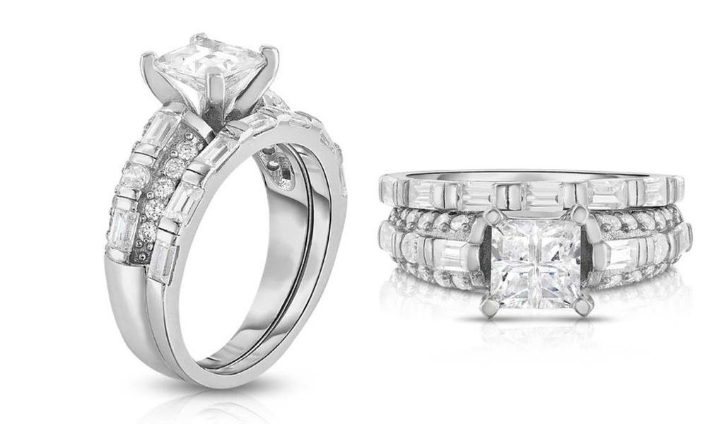 Sterling Silver 2 Piece Multi Cut Stone Bridal Ring and Band Set By Mina Bloom