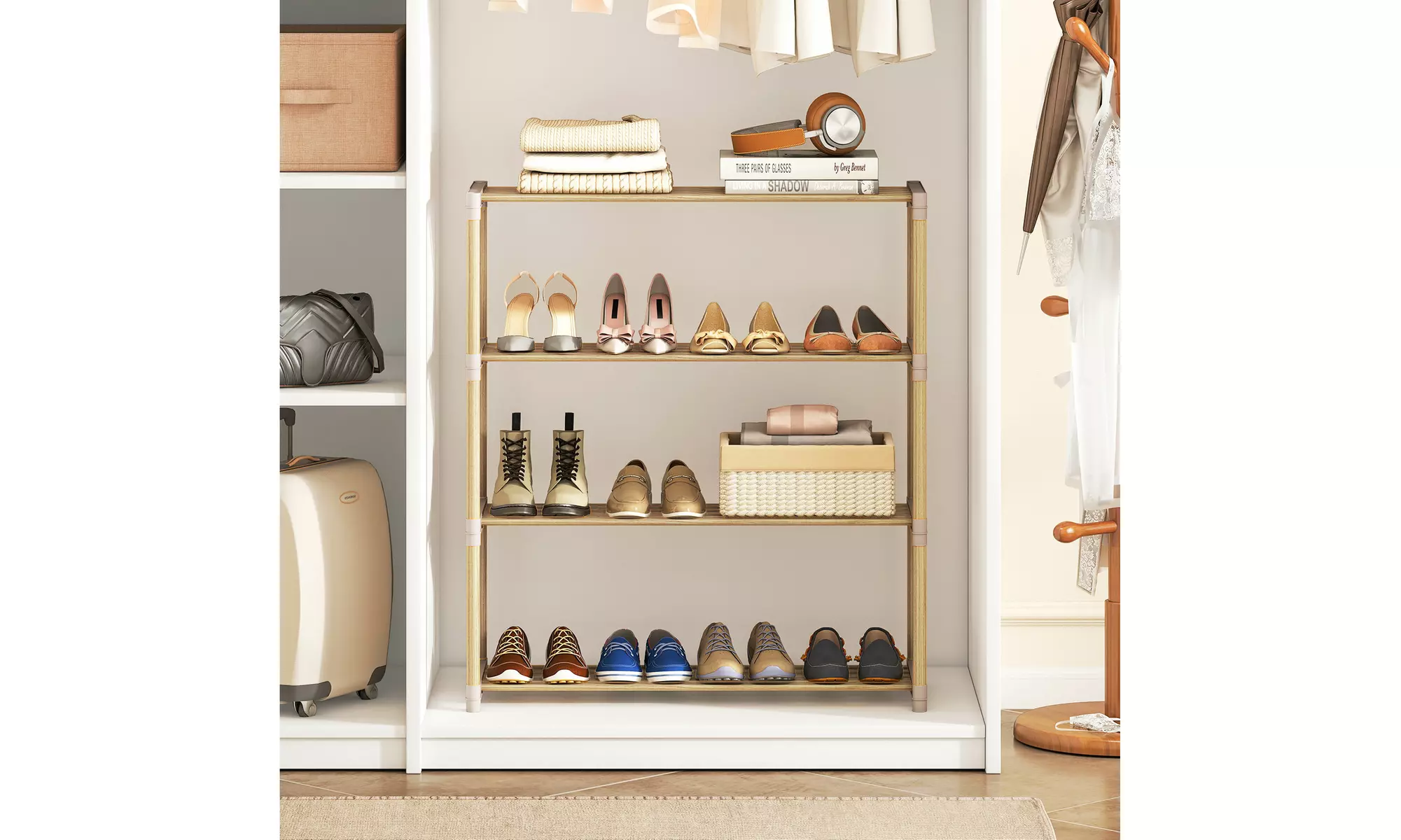 Costway Solid Wood Shoe Shelf Stand with Slatted Open Shelves for Entryway