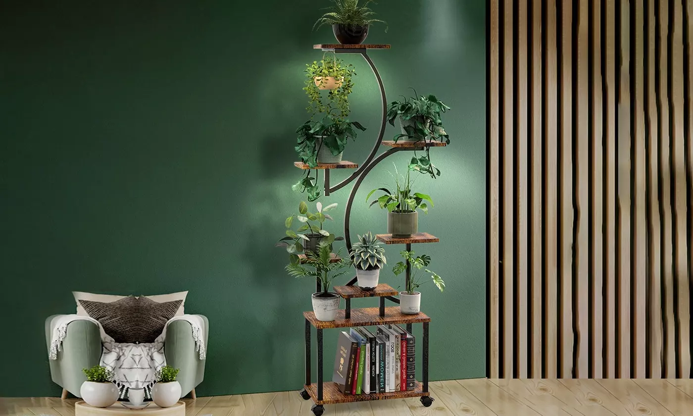 iMounTEK 8-Tier S-Shaped Metal Plant Stand with Grow Lights & Rolling Wheels