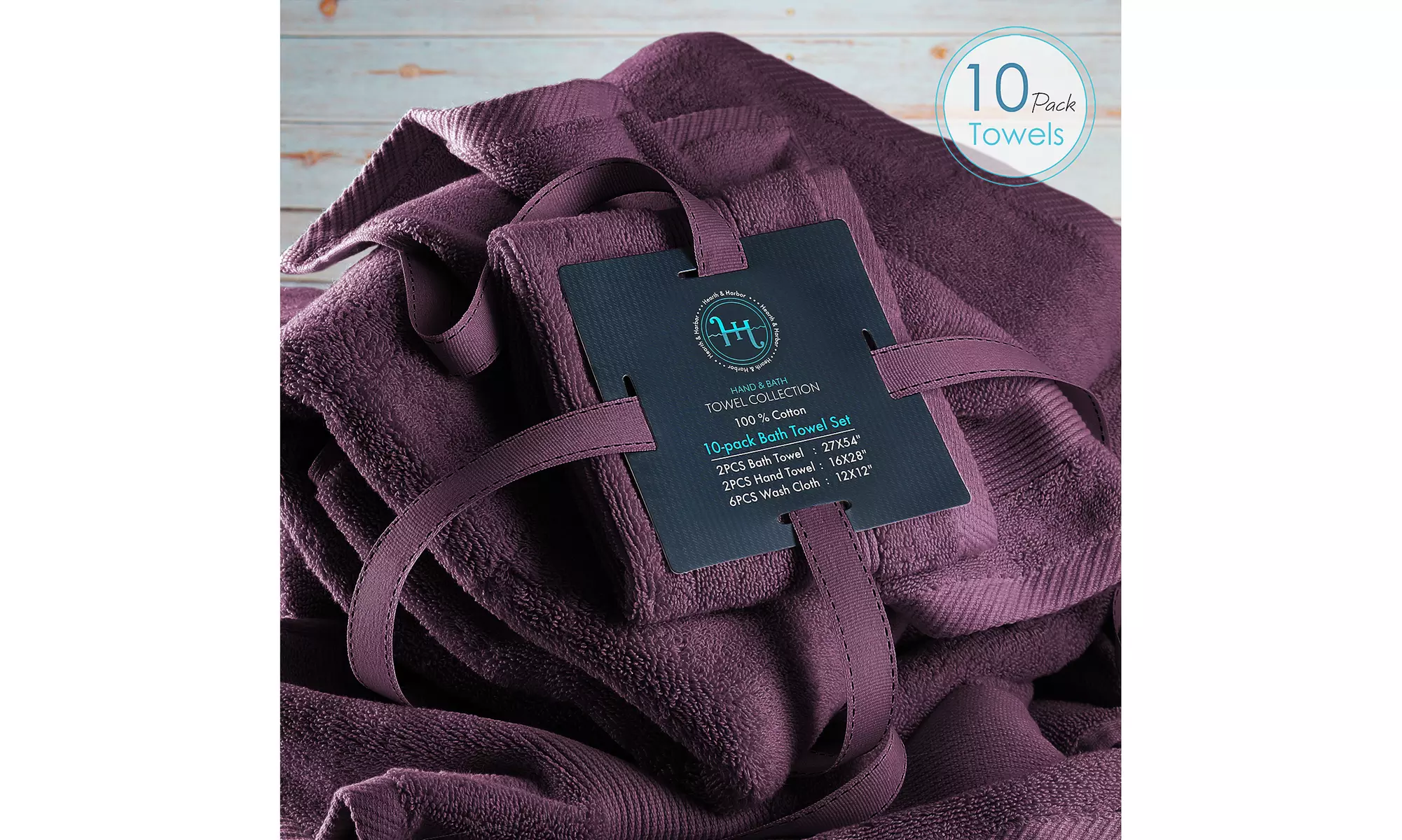 Hearth & Harbor Towels -100% Cotton Set of 10 ; 2 Bath, 2 Hand and 6 Washcloths