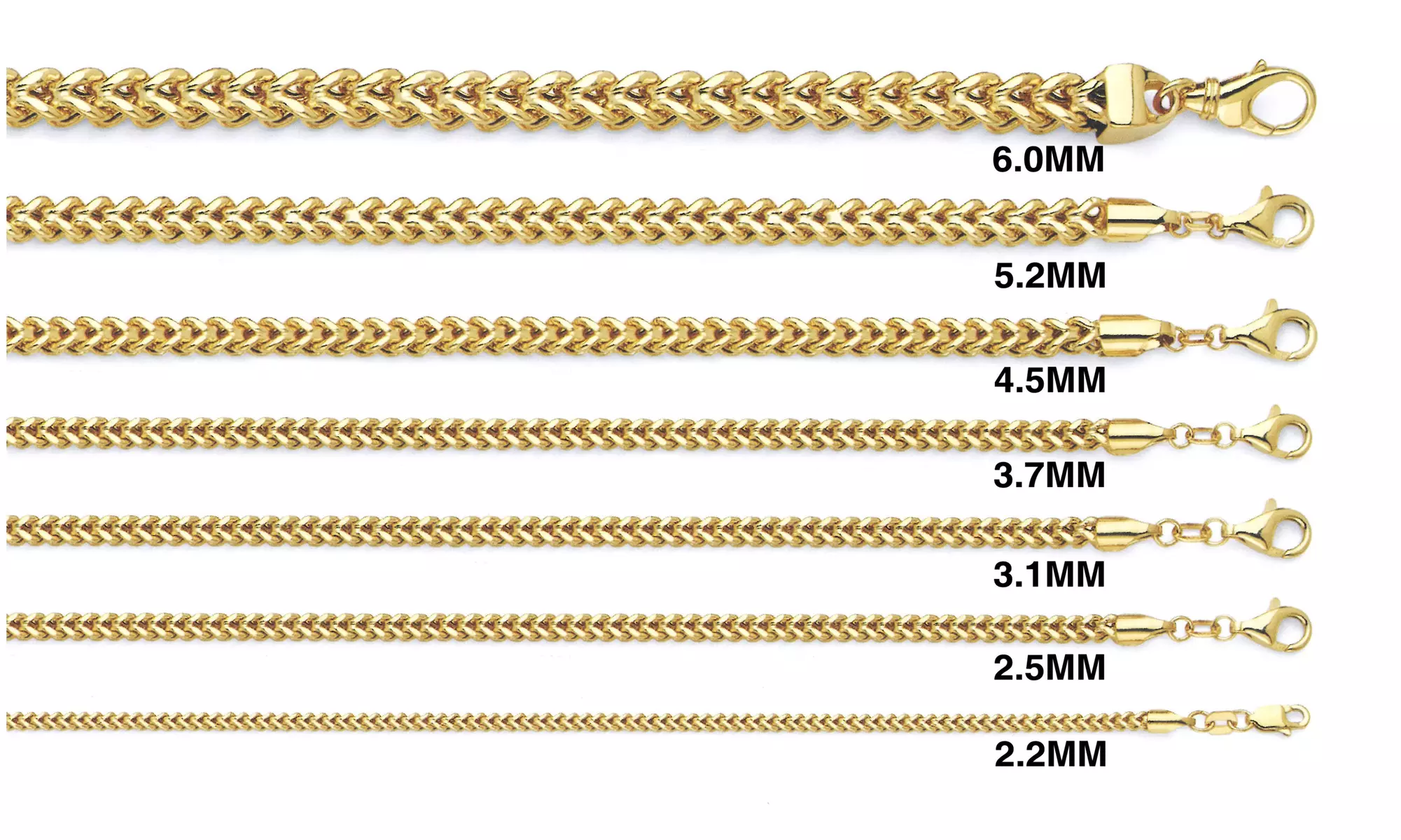 10K Yellow Gold Franco Chain, 2.2MM - 6.0MM - Second Medium