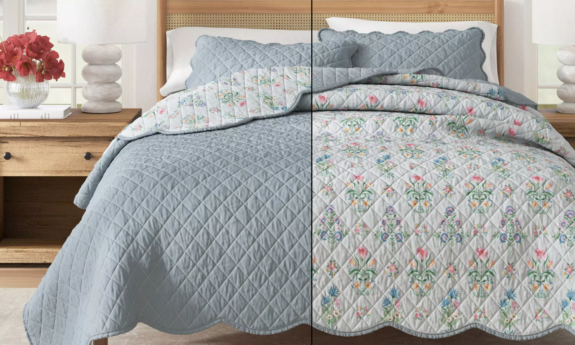 Floral Printed Scalloped Cotton Quilt Set