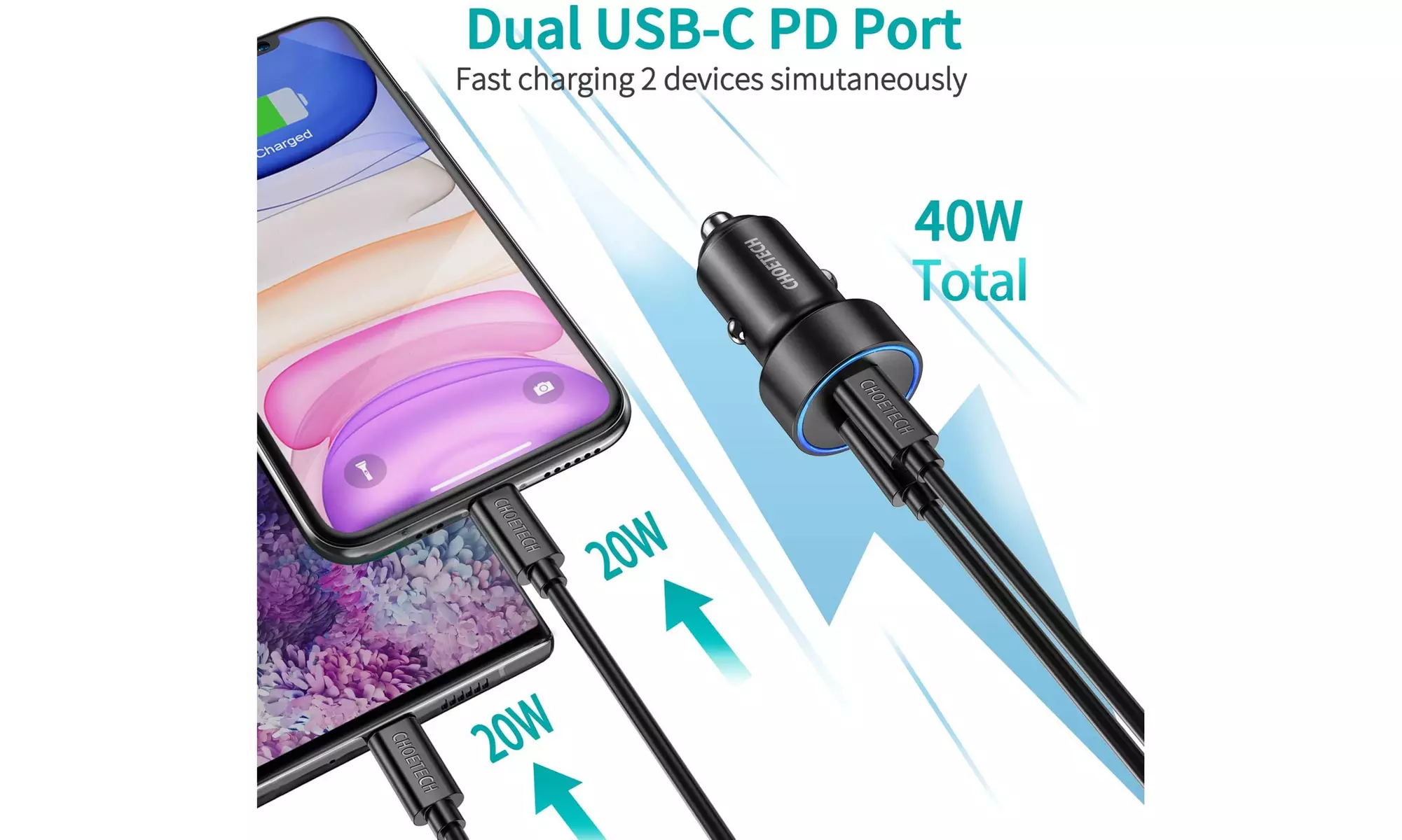 USB C Car Charger,2-Port All Metal Fast Car Charger for iPhone ,Samsung phones