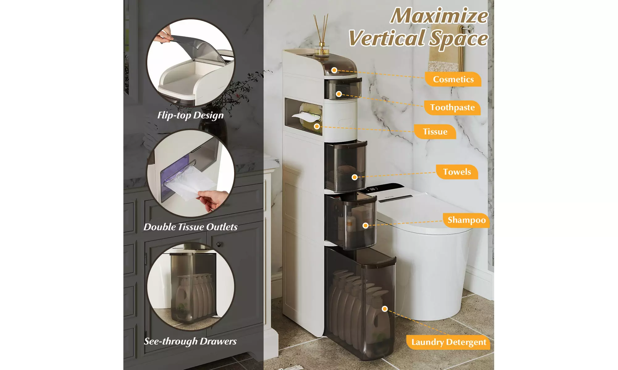 Costway Narrow Bathroom Storage Cabinet with Drawers Tissue Box Wheels