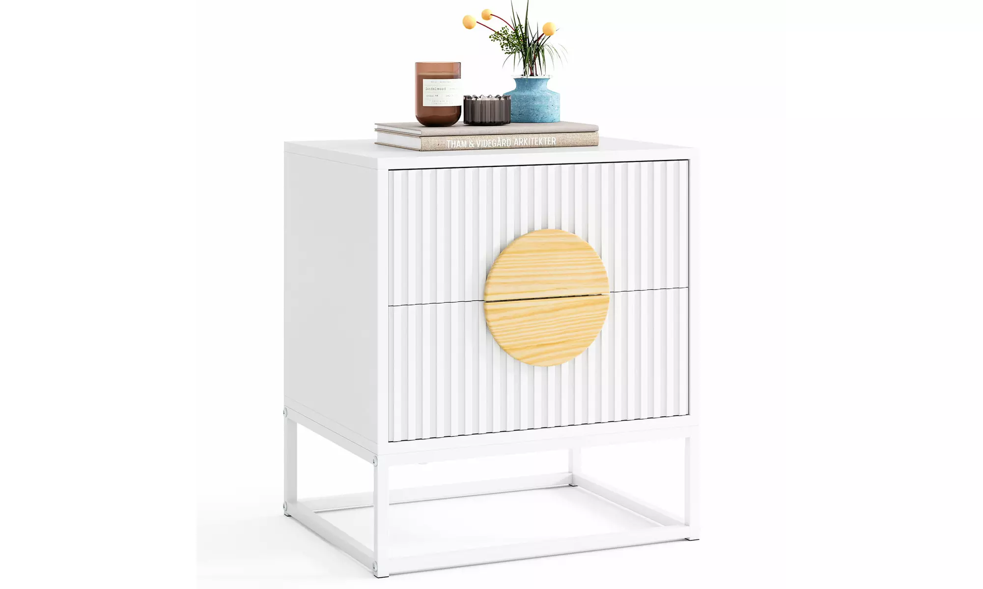 Costway Fluted Nightstand with 2 Drawers with Pine Wood Handles & Metal Frame