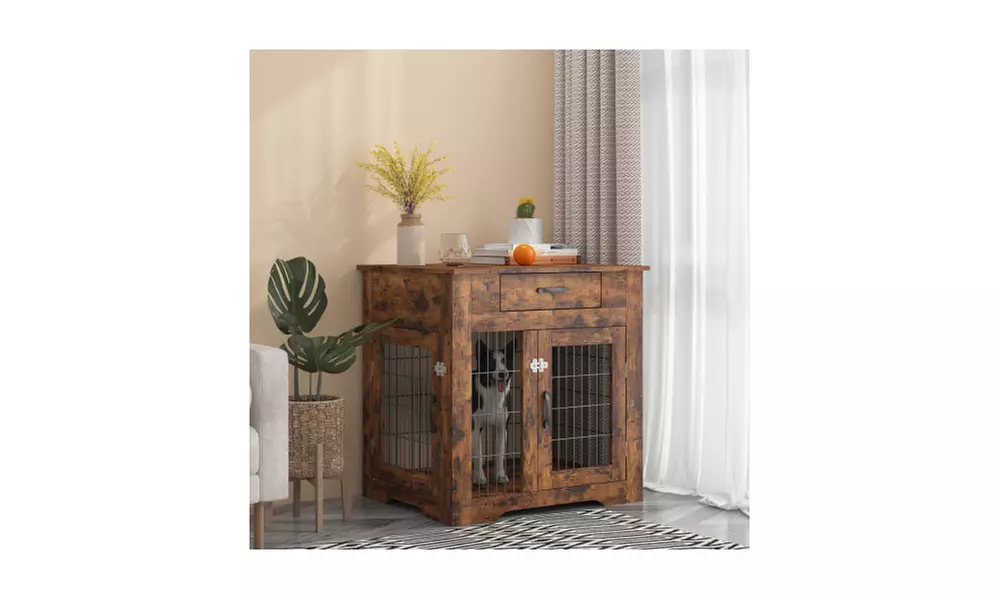 Furniture Style Dog Crate End Table with Drawer, Pet Kennels with Double Doors - Second Medium