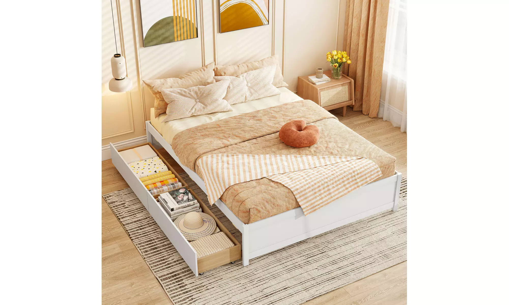 Costway Wooden Platform Bed Frame with 2 Rolling Storage Drawers