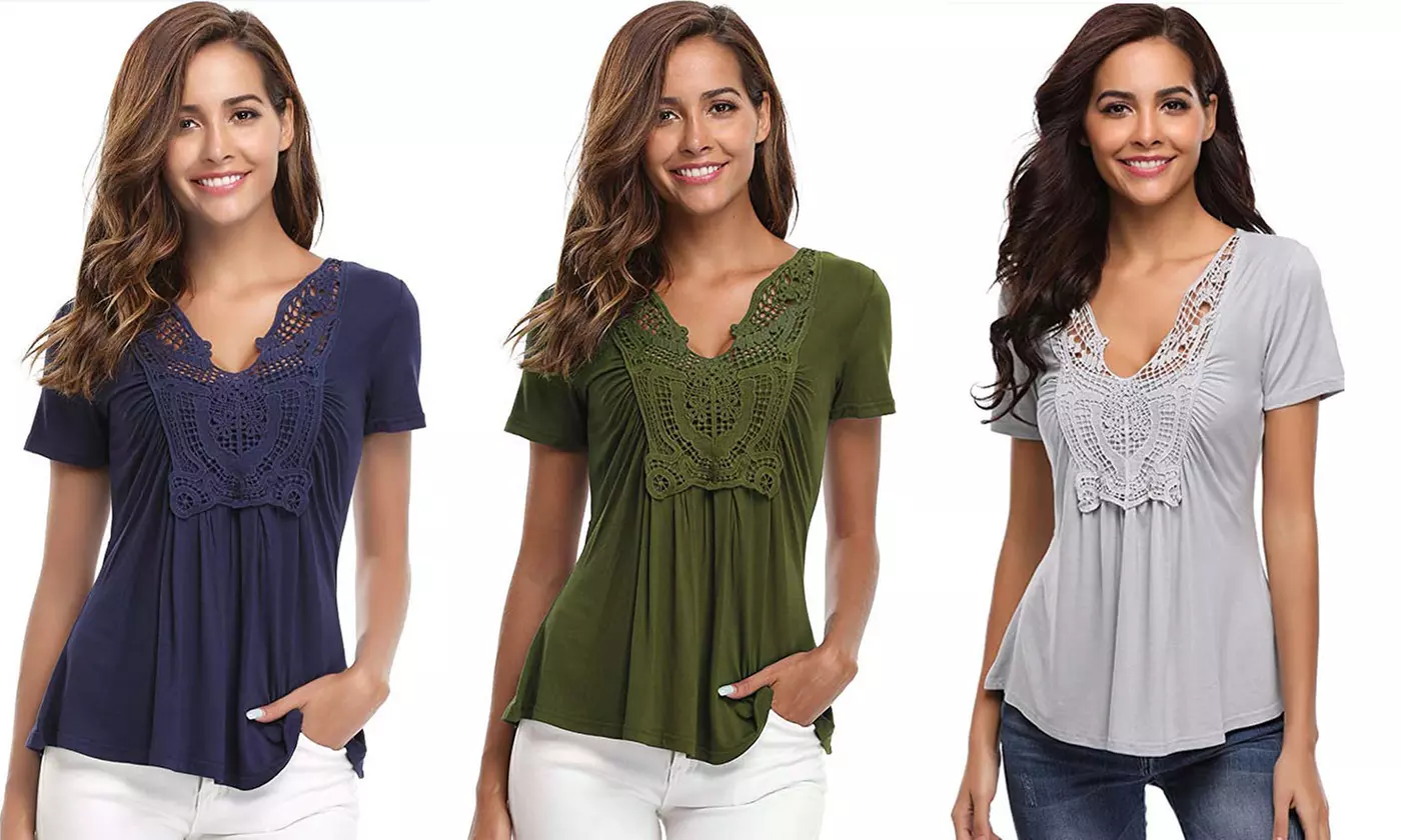 Women Deep V-Neck Low Cut Ruched Short Sleeve Ruffle Blouse Flattering Tunic - Primary Image