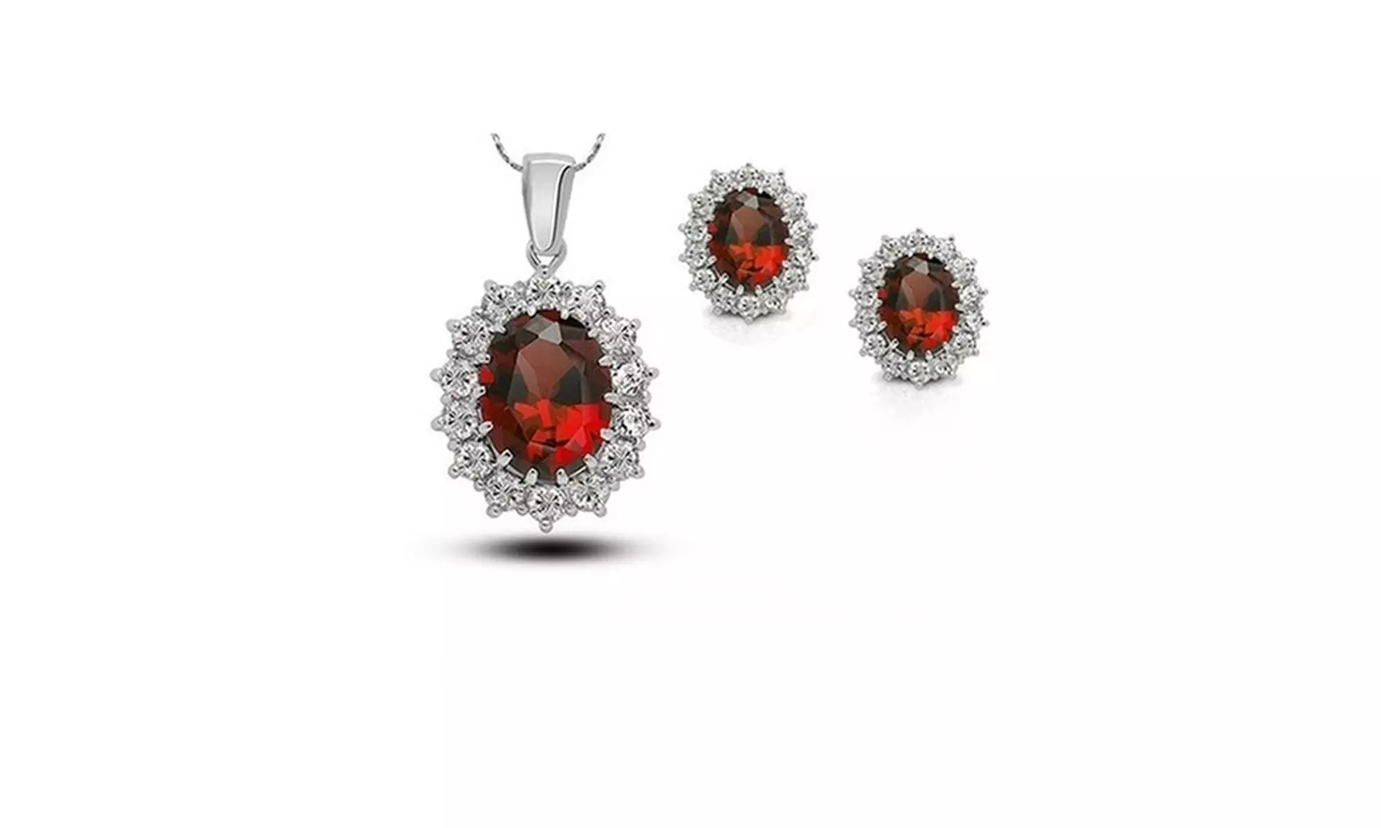 18k White Gold Plated 2 Ct Oval Shape Garnet 18 Inch Necklace And Earrings Set - Primary Image