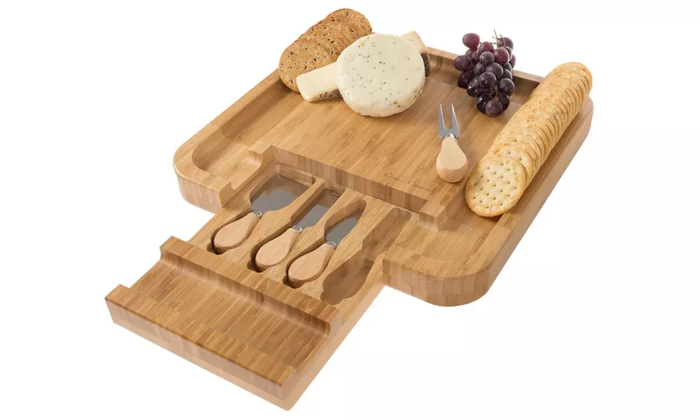 Bamboo Cheese Serving Tray with 4 Piece Cutlery Set by Classic Cuisine