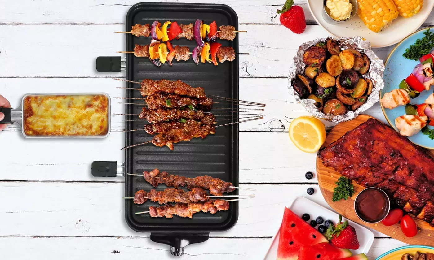 NewHome 1500W 2-In-1 Electric Indoor BBQ Grill with Grill Net and Raclette Trays