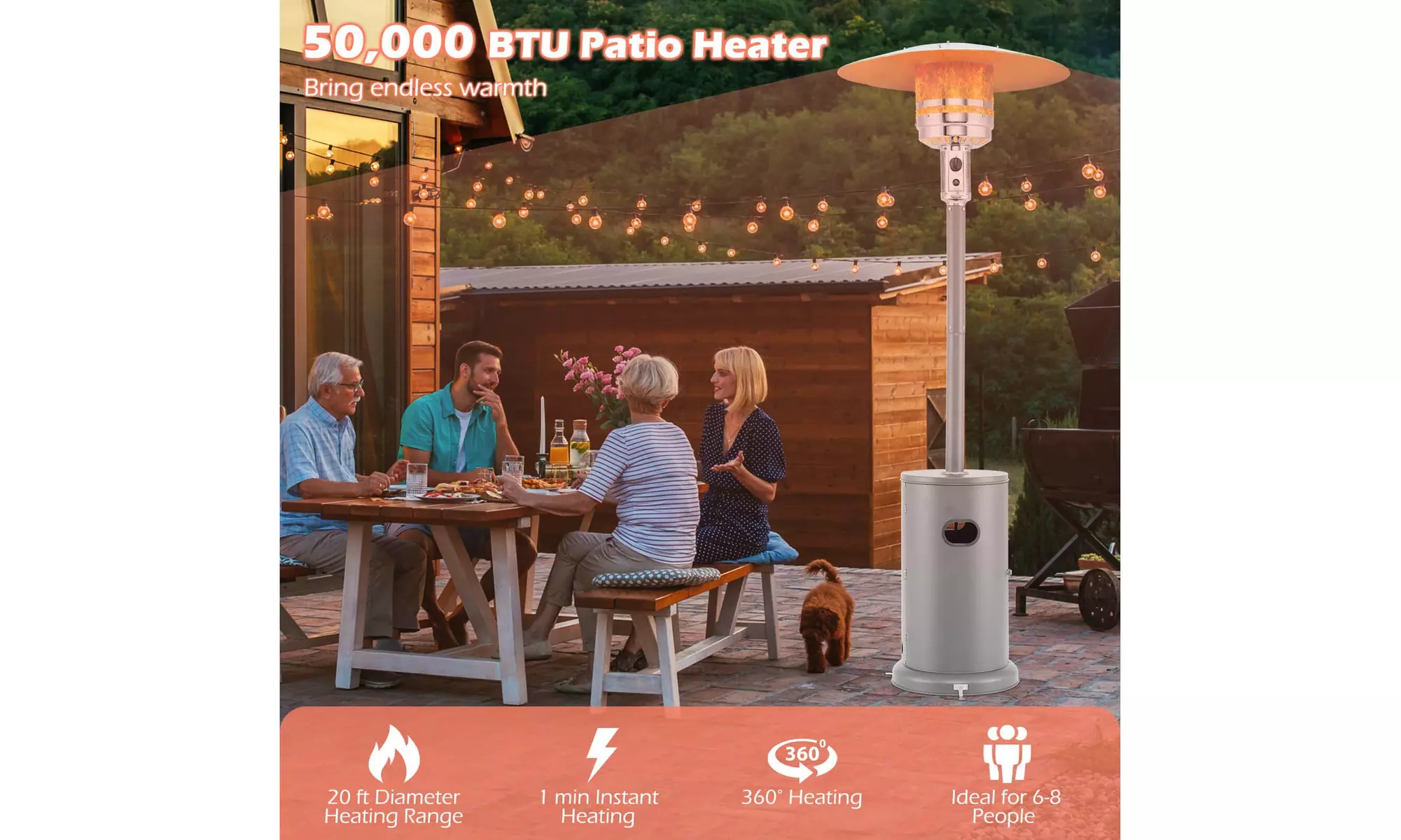 50,000 BTU Patio Heater with Wheels Round Table Design & Stainless Steel Burner