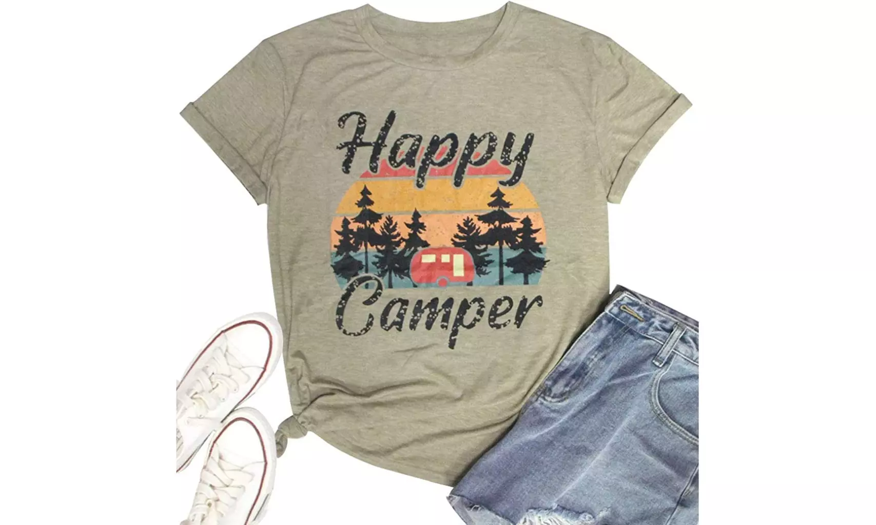 Women Happy Camper Letter Print T-Shirt Short Sleeve Casual Camping Tee Tops - Second Medium