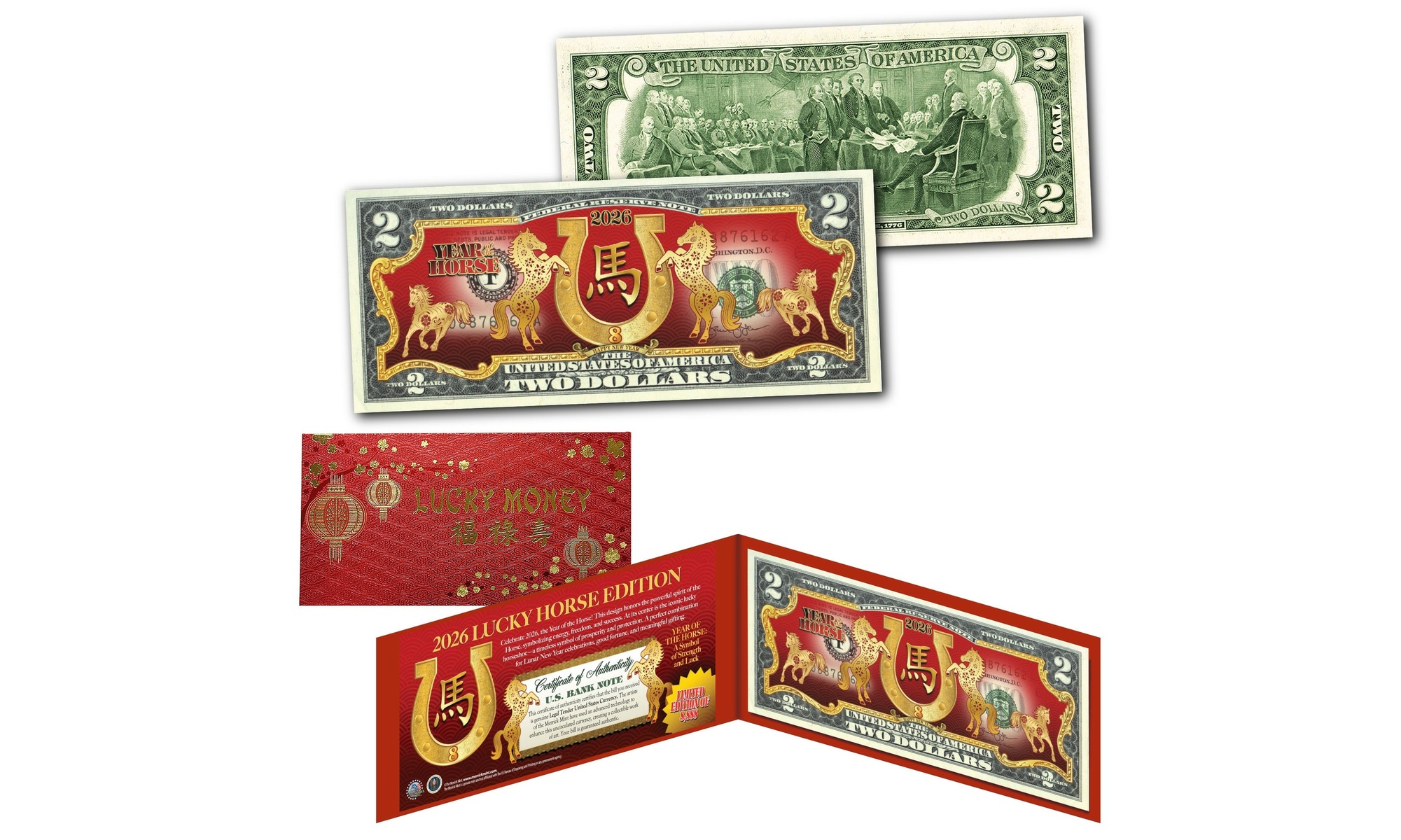 2026 Lucky Horse Shoe Chinese New Year Ltd Edition 2 Dollar Bill - Red Envelope