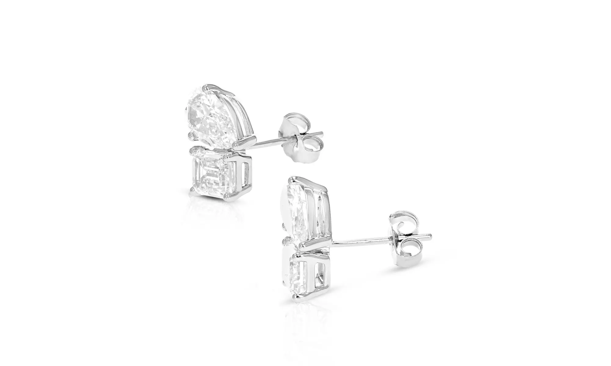 Lab Grown Diamond Stud Earrings Emerald and Pear Shape 14K Gold with Push Backs