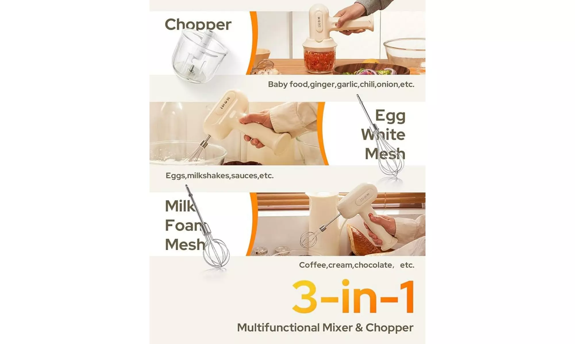 3-in-1 Hand Mixer Electric 3-Speed with Garlic Chopper TypeC Charging