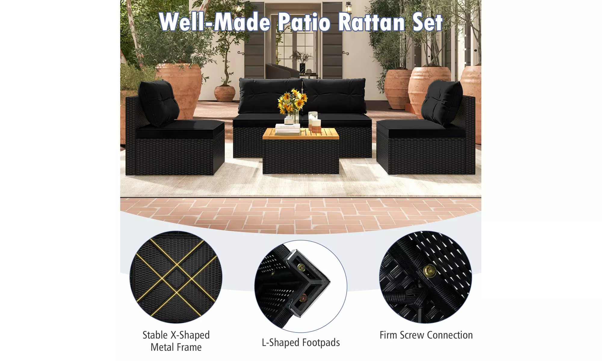 5 Piece Patio Rattan Furniture Set Acacia Wood Table Top Sofa Cushion Deck