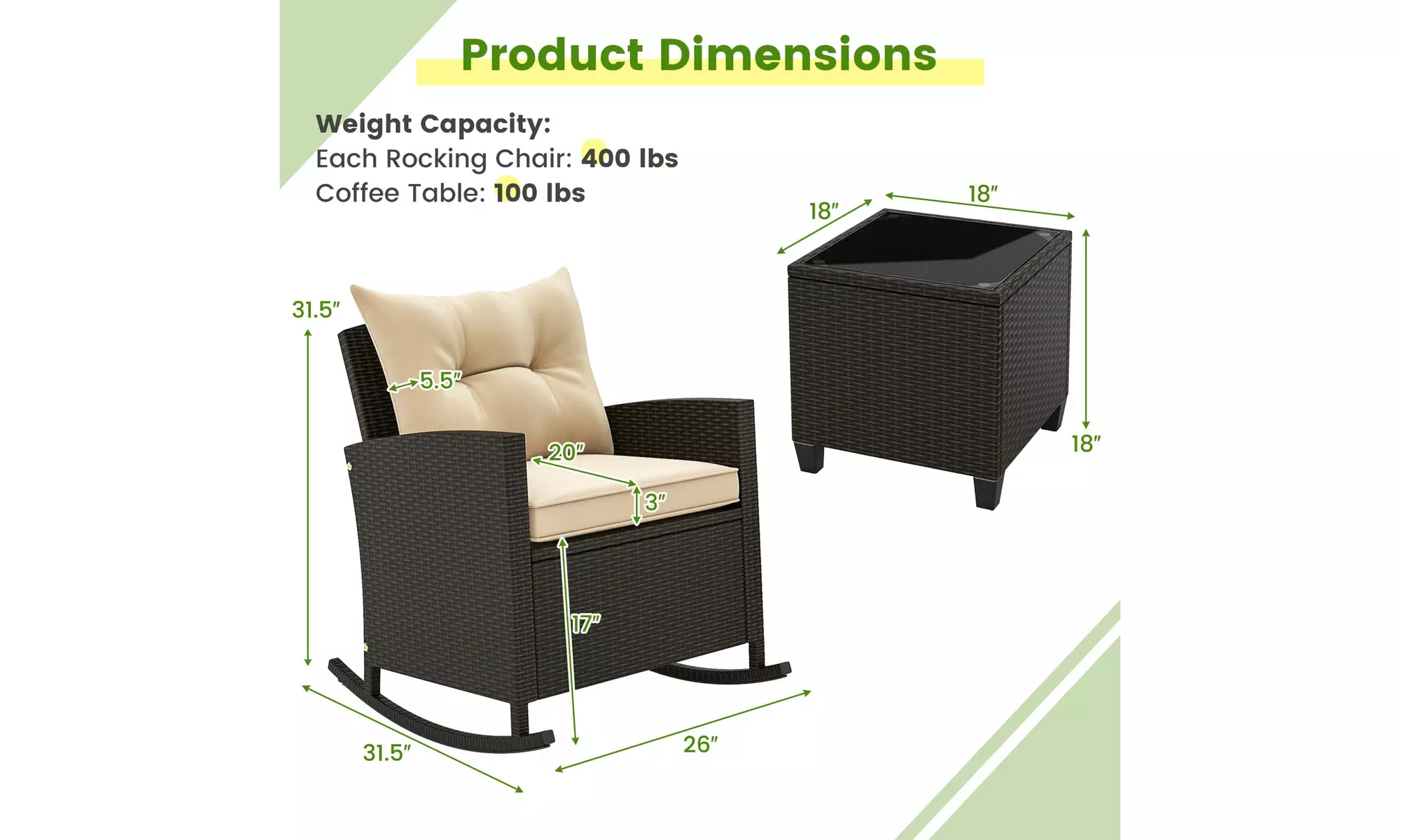 Costway 3 PCS Patio Wicker Rocking Set with Tempered Glass Table & Soft Cushions