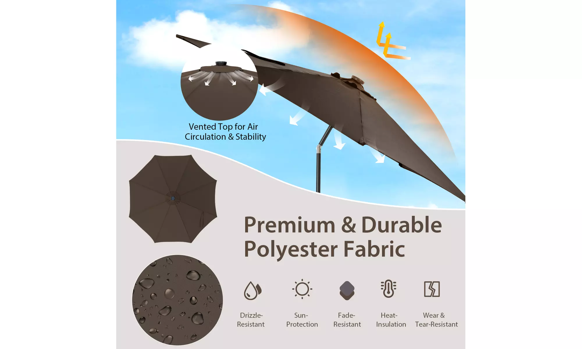 Costway 10 FT LED Solar Lighted Patio Umbrella With Crank Tilt