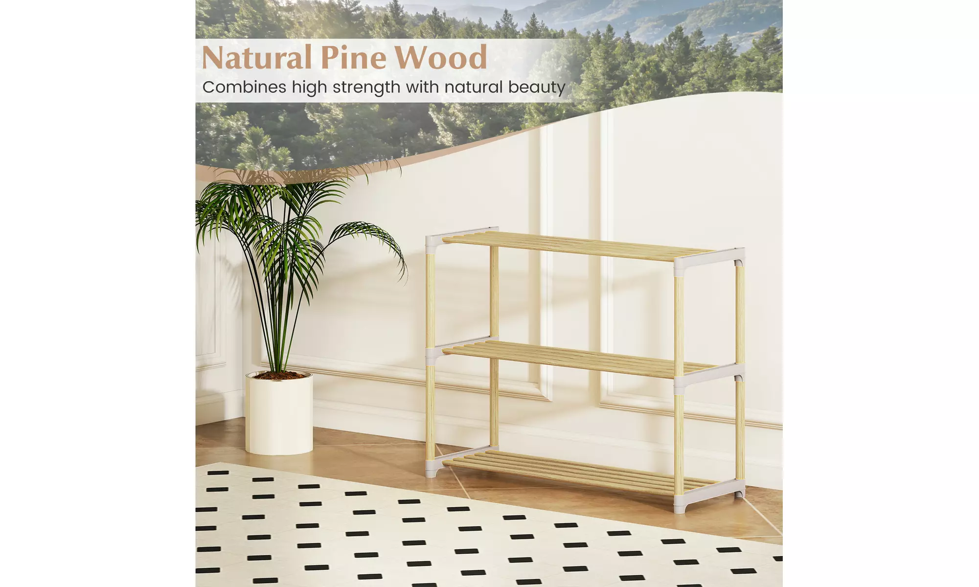 Costway Solid Wood Shoe Shelf Stand with Slatted Open Shelves for Entryway
