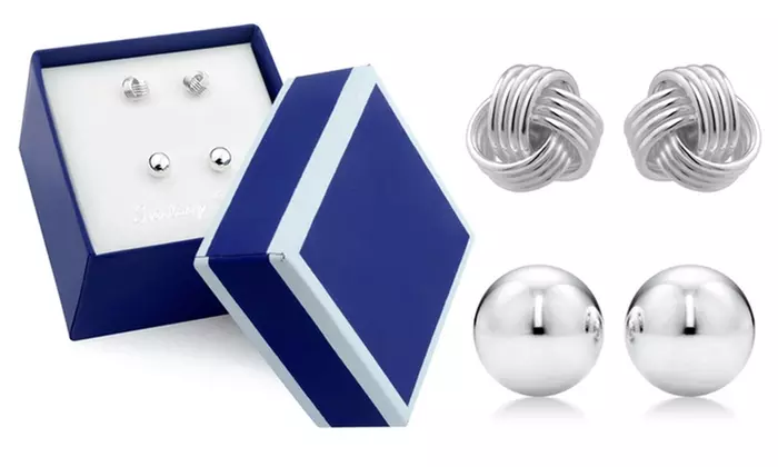 Sterling Silver Love Knot and Ball Stud Earring Set With Gift Box