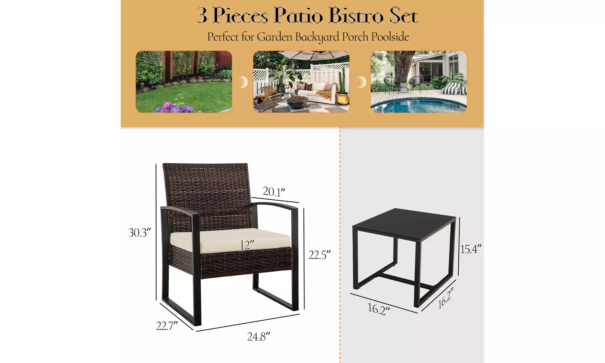 3 Piece Patio Furniture Set Wicker Rattan Outdoor Patio Conversation