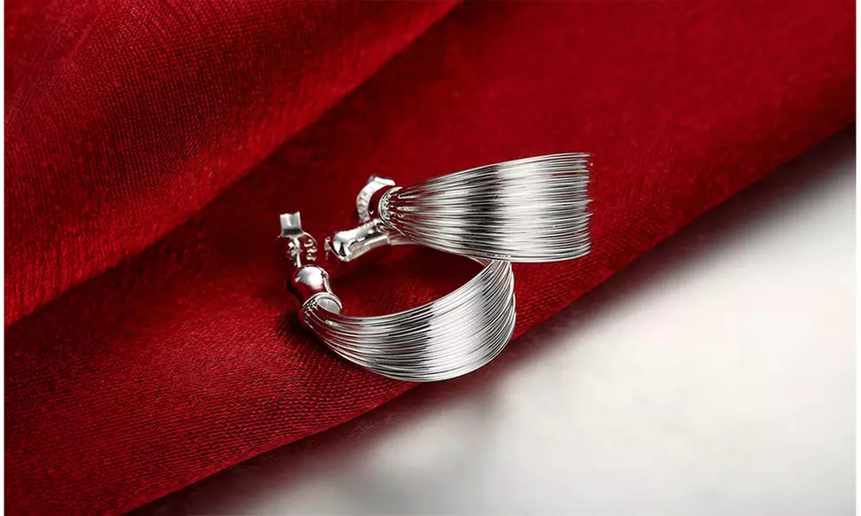 925 Sterling Silver Multi-Line High Polished Hoop Stud Earrings