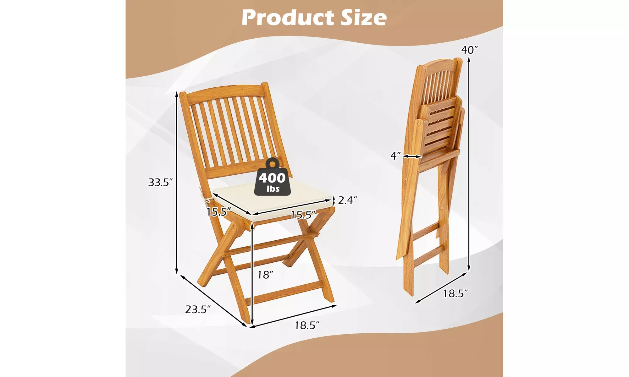 Costway Outdoor Folding Chairs Acacia Wood High-Back Chair with Seat Cushions