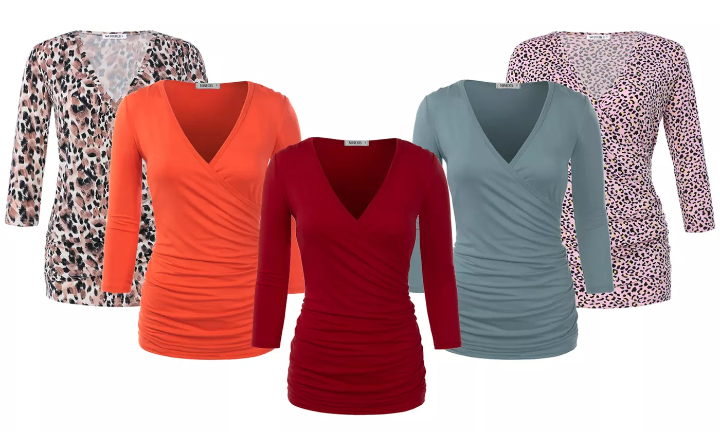 Doublju Women's 3/4 Sleeve Fitted Deep V-Neck Surplice Tops - Primary Image
