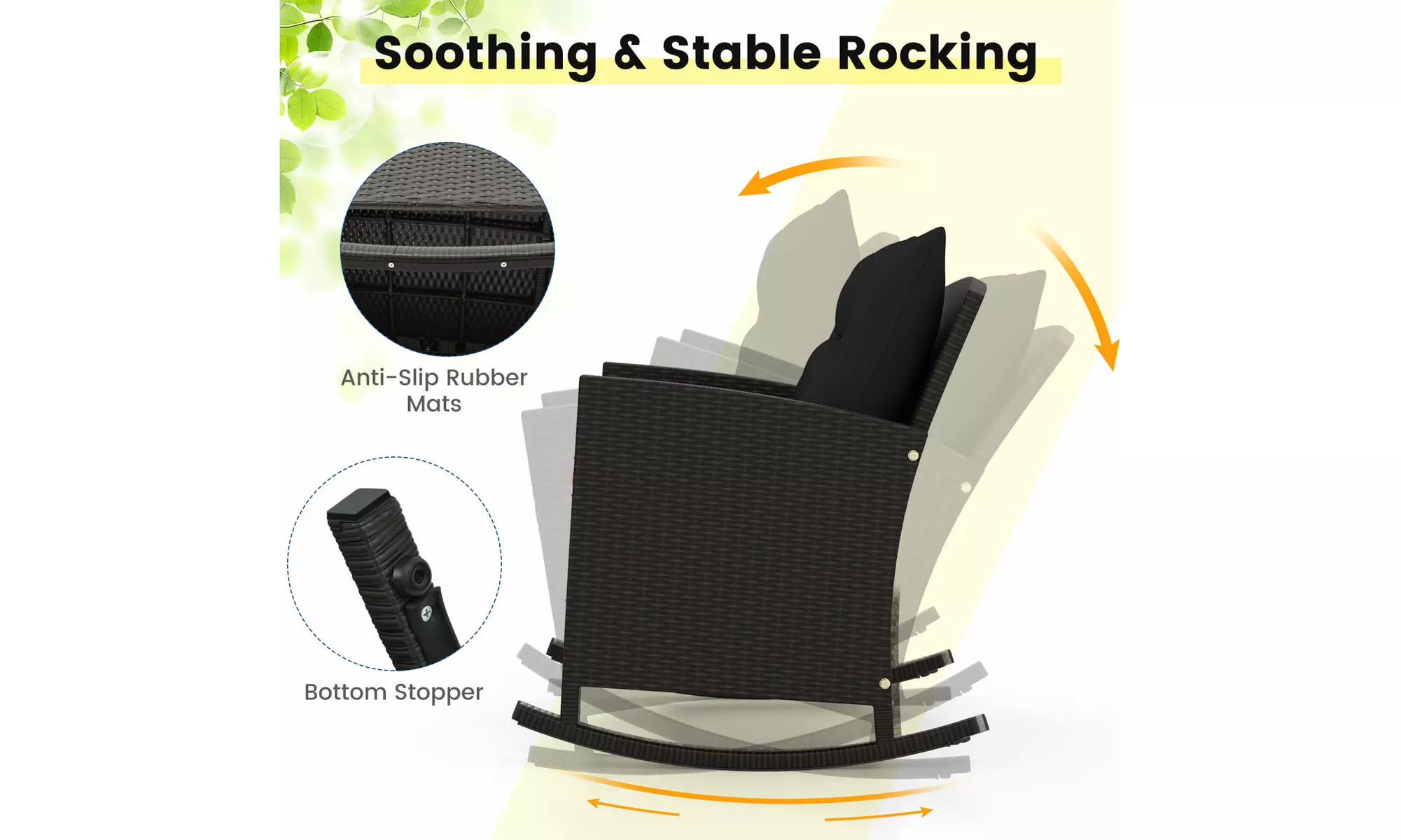 Costway 3 PCS Patio Wicker Rocking Set with Tempered Glass Table & Soft Cushions