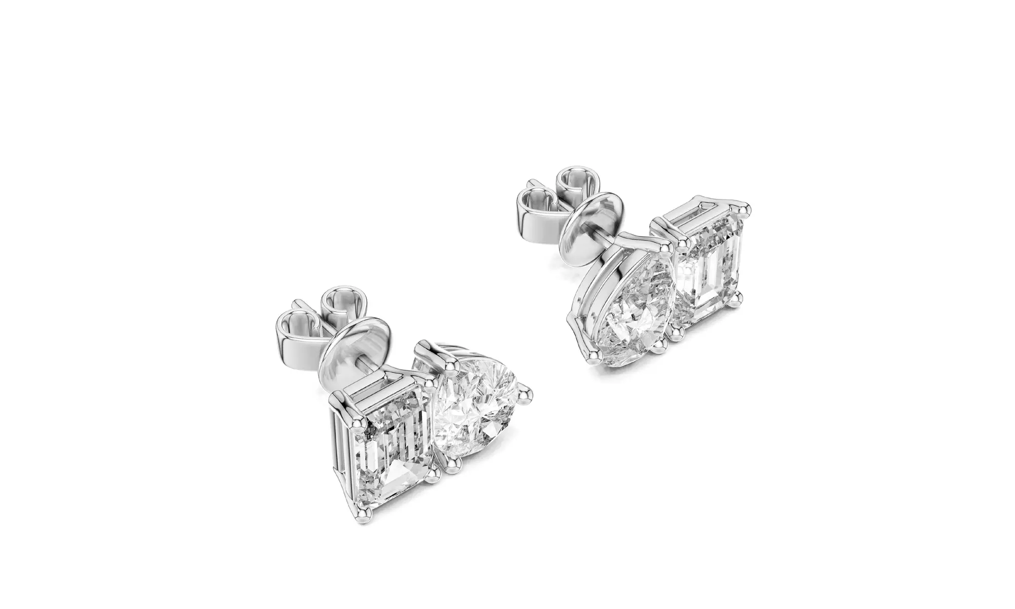 Lab Grown Diamond Stud Earrings Emerald and Pear Shape 14K Gold with Push Backs