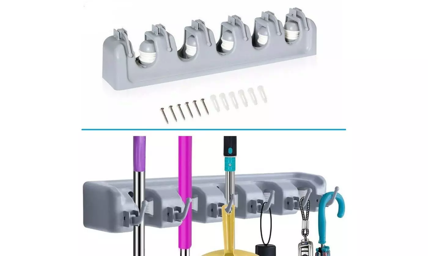 Broom Holder and Garden Tool Garage Organizer 5 Slots 6 Hooks for Rake Mop Wall - Primary Image