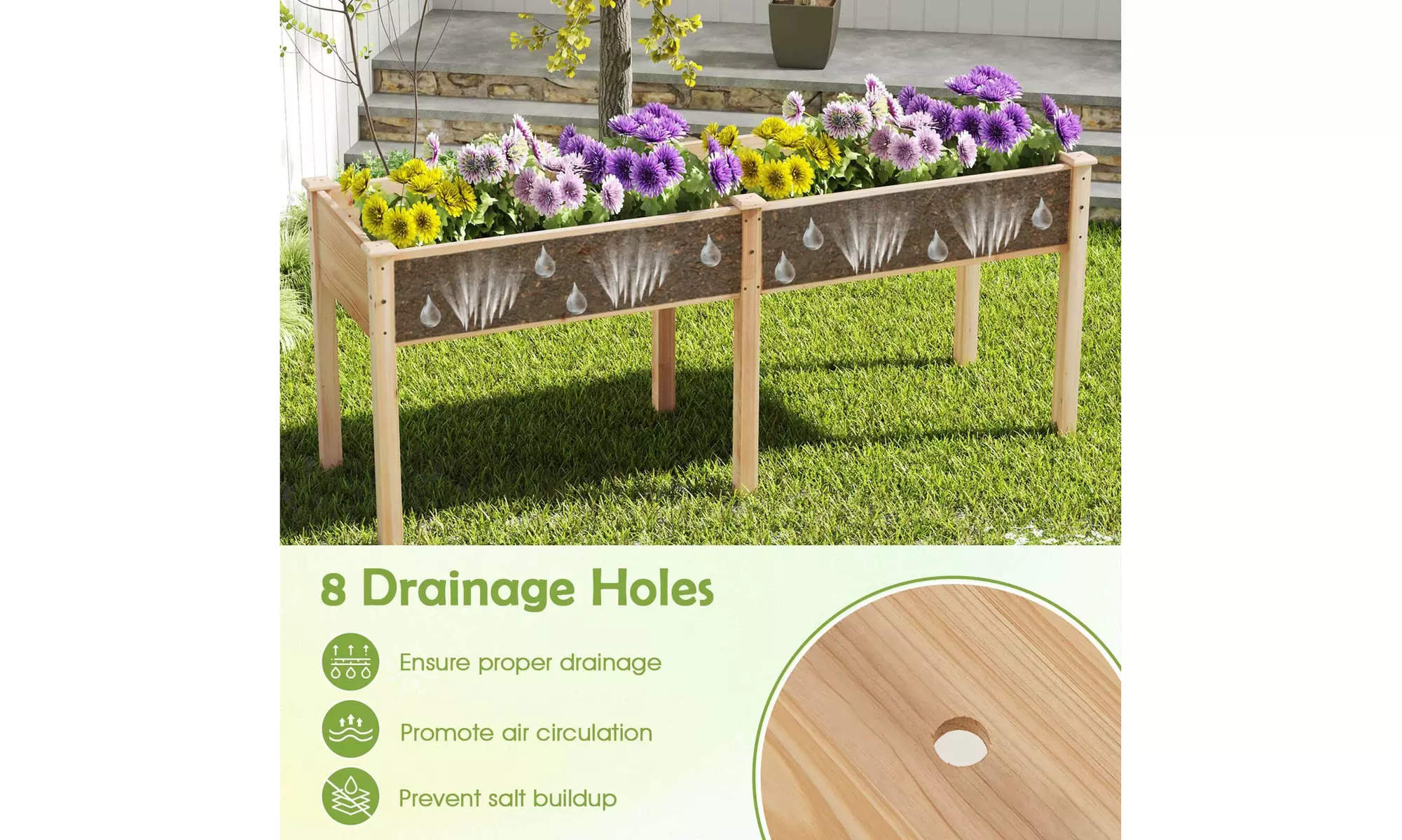 Costway Outdoor Raised Garden Bed with Legs Wood Planter Box with Divider Panel