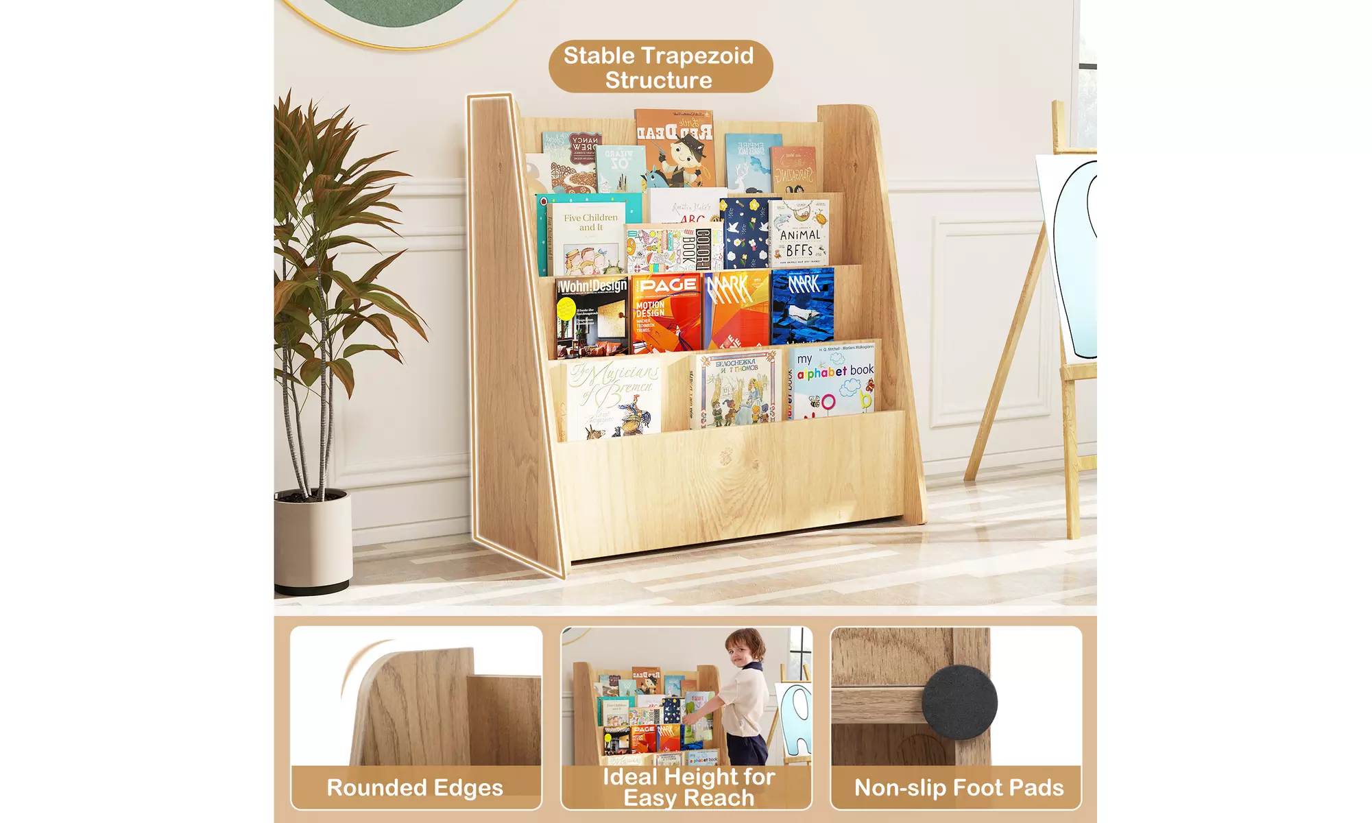 Costway 4-tier Kids Wooden Bookshelf Toddlers Book Rack with Deep Shelves