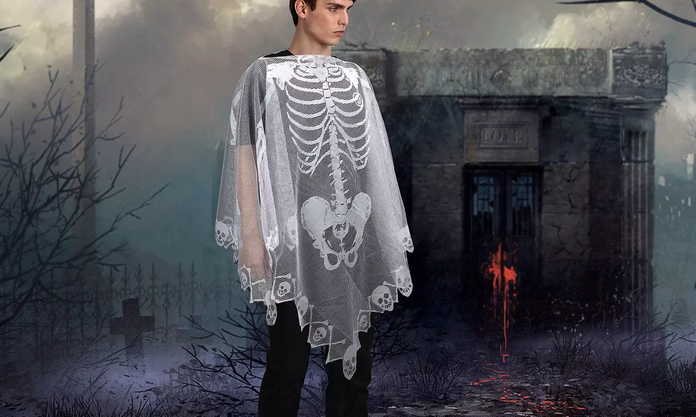 Halloween Costume White Lace Skeleton Poncho for Women